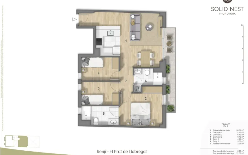 Este tercer piso, se compone de una superficie construida de 72,1m² se distribuye en 3 habitaciones (una en Suitte de 11,2m² con salida a balcón y baño de 4,9m²),cocina abierta a salón comedor con una superficie d 26,0m² con salida a balcón, 2 baños (Uno en Suitte) y 1 balcón de una superficie construida de 6.2m². Disponen de sistema de Aerotermia (A/A con bomba de calor por conductos) y agua caliente, que supone un ahorro energético del 75%. Esta vivienda está perfectamente aisladas térmica y acústicamente gracias a una carpintería exterior con ventanas oscilobatientes de aluminio lacado con rotura de puente térmico y doble acristalamiento con cámara de aire. Persianas enrollables motorizadas de aluminio lacado en todas las estancias, exceptuando en zonas bajo cubierta. Equipada con suelo con lamas de parqué laminado AC5, con rodapié blanco a juego con las puertas. Carpintería interior de puertas macizas lacadas de color blanco, armario empotrado en habitación principal. Todo ello con posibilidad de elección en tres tonos o colores a proposición de la promotora. Cocinas amuebladas con armarios altos y bajos, con encimera y frontal entre muebles de QUART o similar. Placa vitroceramica de inducción, horno y microondas. Baños de 3 piezas con plato de ducha extraplano de resina antideslizante. Grifería de ducha en mural termostática. Lavamanos con mueble de 2 cajones, acabado en blanco. Fachada de obra vista cerámica. Finca con ascensor. Muy buena conectividad a todos los servicios de transporte público (metro L9 El Prat Estació) RENFE C3, Paradas de autobús L22 – L78 – N19 – PR1 y PR2. Y rodeado de múltiples espacios públicos.
