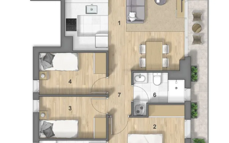 Este tercer piso, se compone de una superficie construida de 72,1m² se distribuye en 3 habitaciones (una en Suitte de 11,2m² con salida a balcón y baño de 4,9m²),cocina abierta a salón comedor con una superficie d 26,0m² con salida a balcón, 2 baños (Uno en Suitte) y 1 balcón de una superficie construida de 6.2m². Disponen de sistema de Aerotermia (A/A con bomba de calor por conductos) y agua caliente, que supone un ahorro energético del 75%. Esta vivienda está perfectamente aisladas térmica y acústicamente gracias a una carpintería exterior con ventanas oscilobatientes de aluminio lacado con rotura de puente térmico y doble acristalamiento con cámara de aire. Persianas enrollables motorizadas de aluminio lacado en todas las estancias, exceptuando en zonas bajo cubierta. Equipada con suelo con lamas de parqué laminado AC5, con rodapié blanco a juego con las puertas. Carpintería interior de puertas macizas lacadas de color blanco, armario empotrado en habitación principal. Todo ello con posibilidad de elección en tres tonos o colores a proposición de la promotora. Cocinas amuebladas con armarios altos y bajos, con encimera y frontal entre muebles de QUART o similar. Placa vitroceramica de inducción, horno y microondas. Baños de 3 piezas con plato de ducha extraplano de resina antideslizante. Grifería de ducha en mural termostática. Lavamanos con mueble de 2 cajones, acabado en blanco. Fachada de obra vista cerámica. Finca con ascensor. Muy buena conectividad a todos los servicios de transporte público (metro L9 El Prat Estació) RENFE C3, Paradas de autobús L22 – L78 – N19 – PR1 y PR2. Y rodeado de múltiples espacios públicos.