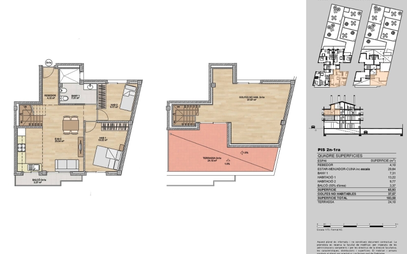 Prat Finques presenta una oportunidad única de adquirir una vivienda de obra nueva sobre plano, diseñada para quienes buscan el equilibrio perfecto entre la serenidad de una zona residencial y el dinamismo del centro. Ubicada a un paso del casco antiguo, esta propiedad es el refugio ideal para singles o parejas que valoran la amplitud y los espacios exteriores privados. Distribución Inteligente y Luminosa La vivienda destaca por una distribución funcional de 103 m² útiles interiores y, TERRAZA de 24m² complementada con excepcionales espacios al aire libre: Zona de Día: Amplio salón-comedor con cocina americana de 30 m² con salida a balcón. Zona de Descanso: Habitación principal de 13 m² exterior y una segunda habitación de 10 m² con salida a un segundo patio privado de 10 m². Baños: Un baño principal con plato de ducha de resina antideslizante y un elegante aseo de cortesia de 70m². La Joya de la Corona: En la planta superios se dispone la estància más grande de todas, una espectacular Buardilla de 38m² con salida a la terraza privada y soleada de 24 m², ideal para crear su propio oasis urbano.Calidades de Vanguardia y Sostenibilidad El edificio, de diseño contemporáneo y solo 10 viviendas, apuesta por la eficiencia energética y el máximo confort acústico y térmico: Climatización mediante energía solar. Carpintería de aluminio con rotura de puente térmico y microventilación. Acabados premium: Suelos de parquet, puertas lacadas en blanco y seguridad reforzada.Entrega prevista: Mediados de 2027. Opcional: Plaza de parking en la misma finca. Desde Pratfinques, realizamos todos los trámites de la compraventa y a la obtención de la financiación hipotecaria, liquidación de los impuestos y, inscripción registral. - El precio de venta del inmueble, no incluye impuestos ni tasas. (IVA y AJD) - La plusvalía (Impuesto sobre el Incremento de Valor de los Terrenos Urbanos) es a cargo del vendedor. - En Pratfinques, NO COBRAMOS LOS HONORARIOS AL COMPRADOR, están incluidos en el precio de venta publicado.