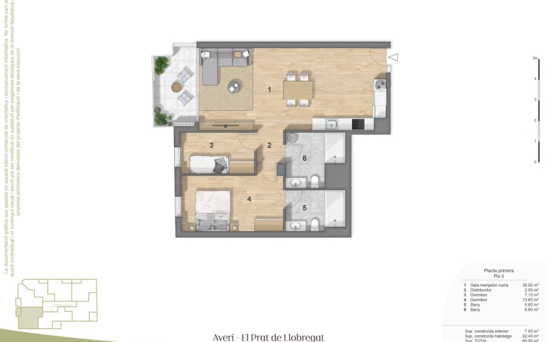 ¡Descubre el piso de tus sueños! Una vivienda moderna, eficiente y diseñada para ofrecerte el máximo confort en una ubicación privilegiada. Actualmente en construcción, la entrega de llaves está prevista para finales de 2027. Distribución y Espacios (77,85 m² totales construidos) El piso destaca por su excelente distribución, separando las zonas de día y de noche para mayor privacidad: Zona de día Salón-comedor (24,90 m²): Un gran espacio abierto que une el salón, el comedor. Ideal para hacer vida en familia. Zona de día Cocina pseudoindependiente (7,80 m²): Un espacio abierto que une la cocina moderna tipo office y el comedor. Ideal para hacer vida con familia. Terraza/Balcón (7,55 m²): Con acceso directo desde el salón, perfecta para relajarte, disfrutar de las vistas y recibir invitados. Habitación Principal (13,85 m²): El dormitorio principal, con un armario empotrado. Habitación Individual (7,15 m²): Perfecta como dormitorio infantil, despacho o cuarto de invitados. Baño (4,70 m²): Un baño completo de tres piezas con plato de ducha extraplano. Máximo Ahorro y Confort: Tecnología Aerotermia Olvídate de facturas de luz desorbitadas. El edificio cuenta con una fachada de alta eficiencia energética y un sistema central de Aerotermia por conductos (calefacción y aire acondicionado por bomba de frío/calor). ¿Qué significa para ti? Es una tecnología limpia que extrae la energía del aire exterior para aclimatar tu casa. Consume muy poco, respeta el medio ambiente y mantiene la temperatura perfecta todo el año. Calidades Premium (Listas para disfrutar) La vivienda se entrega con acabados de primera calidad, pensados para durar y facilitar tu día a día: Aislamiento total: Ventanas de aluminio de alta gama con doble cristal y rotura de puente térmico (evitan que entre el frío o el calor de la calle) y persianas motorizadas. Interiores elegantes: Suelo de parqué laminado de máxima resistencia (AC5) y puertas macizas lacadas en blanco. Cocina lista para usar: Totalmente amueblada con armarios altos, bajos y electrodomésticos de última generación. Baños de diseño: Equipados con grifería termostática (para regular la temperatura del agua al instante) y duchas extraplanas. Características Clave del Inmueble Ubicación y orientación: Situado en la 1ª planta. Es totalmente exterior y cuenta con orientación Norte, lo que asegura una iluminación natural constante y agradable sin calor excesivo. Comodidades: El edificio dispone de ascensor. Aparcamiento: Opción de adquirir una cómoda plaza de garaje en el mismo edificio a partir de 34.000 €. Ubicación estratégica: Rodeado de servicios, transporte público, comercios y zonas verdes. Comprar sin complicaciones con Pratfinques En Pratfinques te acompañamos en todo el proceso para que no tengas que preocuparte por nada. Nos encargamos de: Gestión integral de los trámites de compraventa. Búsqueda y obtención de la mejor financiación hipotecaria. Liquidación de los impuestos correspondientes. Inscripción final de la vivienda en el Registro de la Propiedad. Información legal y fiscal (Transparencia total) El precio de venta indicado del inmueble no incluye impuestos ni tasas (el IVA correspondiente a la obra nueva se calculará aparte). La plusvalía (Impuesto sobre el Incremento de Valor de los Terrenos de Naturaleza Urbana) corre totalmente a cargo del vendedor, tal y como marca la ley. ¡El futuro de tu familia empieza aquí! Contacta con nosotros hoy mismo para recibir más información, planos o resolver cualquier duda sobre tu próximo hogar. &nbsp; &nbsp;