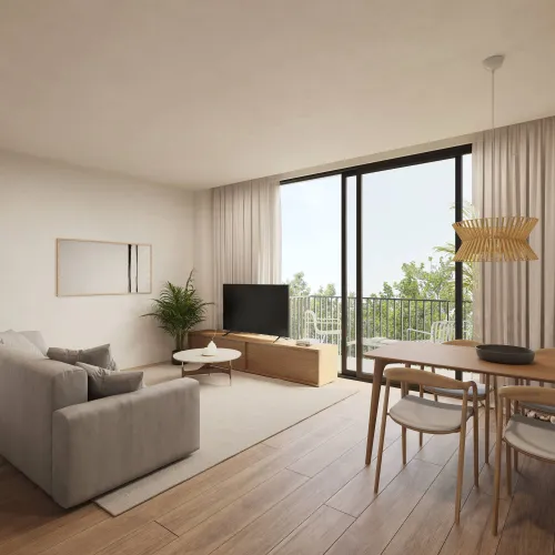 Este tercer piso, se compone de una superficie construida de 72,1m² se distribuye en 3 habitaciones (una en Suitte de 11,2m² con salida a balcón y baño de 4,9m²),cocina abierta a salón comedor con una superficie d 26,0m² con salida a balcón, 2 baños (Uno en Suitte) y 1 balcón de una superficie construida de 6.2m². Disponen de sistema de Aerotermia (A/A con bomba de calor por conductos) y agua caliente, que supone un ahorro energético del 75%. Esta vivienda está perfectamente aisladas térmica y acústicamente gracias a una carpintería exterior con ventanas oscilobatientes de aluminio lacado con rotura de puente térmico y doble acristalamiento con cámara de aire. Persianas enrollables motorizadas de aluminio lacado en todas las estancias, exceptuando en zonas bajo cubierta. Equipada con suelo con lamas de parqué laminado AC5, con rodapié blanco a juego con las puertas. Carpintería interior de puertas macizas lacadas de color blanco, armario empotrado en habitación principal. Todo ello con posibilidad de elección en tres tonos o colores a proposición de la promotora. Cocinas amuebladas con armarios altos y bajos, con encimera y frontal entre muebles de QUART o similar. Placa vitroceramica de inducción, horno y microondas. Baños de 3 piezas con plato de ducha extraplano de resina antideslizante. Grifería de ducha en mural termostática. Lavamanos con mueble de 2 cajones, acabado en blanco. Fachada de obra vista cerámica. Finca con ascensor. Muy buena conectividad a todos los servicios de transporte público (metro L9 El Prat Estació) RENFE C3, Paradas de autobús L22 – L78 – N19 – PR1 y PR2. Y rodeado de múltiples espacios públicos.