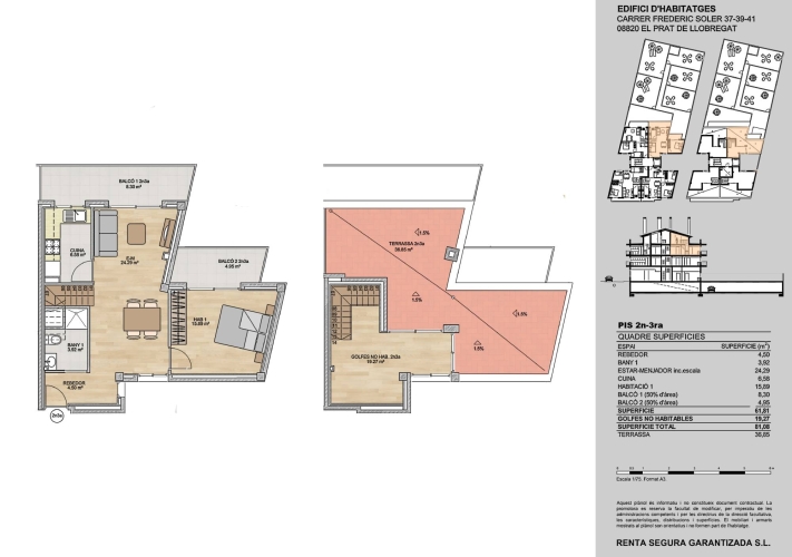 Vivienda tipo dúplex de 81m² construidos de 1 habitación, con 2 balcones i Terraza de uso exclusivo con una superficie de 37m² Esta vivienda es una segunda altura real. Salón-Comedor de 24m² con salida a balcón de 8,30m² a calle, cocina independiente de 7m² y exterior, Habitación principal de 16m² con salida directa a un segundo balcón de 5m², y 1 baño de tres piezas con plato de ducha extraplano de resina antideslizante. Bohardilla diáfana que cuenta con una superficie de 19m² con salida a terraza de 37m² con orientación sur-este El edificio contará con una instalación individual para cada vivienda, y con un sistema de Aerotermia, esta instalación será de A/A y bomba de calor por conductos y agua caliente, lo que la hace medioambientalmente sostenible, y con un ahorro energético importante, colaborando así al respeto medioambiental. La carpintería interior: puertas lisas en blanco lacado, con puertas abatibles y correderas encastradas tipo KRONA, con microventilación en tapetas superiores. Suelo de parqué flotante laminado AC5 con rodapiés lacado blanco en conjunto a las puertas. Carpintería exterior: Ventanas de aluminio lacado con rotura de puente térmico y microventilación. Abatibles y oscilobatientes y en balcones de sistema deslizante. Doble acristalamiento con cámara de aire, con lunas variables en cumplimiento del CTE, para obtener un aislamiento térmico y acústico. Persianas enrollables de PVC en todas las ventanas y balconeras, desde el interior para aumentar el aislamiento total exterior-interior, tanto térmico como acústico. Fachada acabada en obra y cerámica. OPCIÓN DE PLAZA DE PARKING EN LA MISMA FINCA.  Fecha prevista de entrega el 3er trimestre del 2026. Para más información diríjanse a nuestra oficina o no duden en llamarnos. En Prat Finques le informamos de obra nueva sobre plano de próxima construcción. Perfecta oportunidad para vivir cómodamente en zona céntrica y tranquila en pleno corazón del Prat a un paso del casco antiguo.     Desde Pratfinques, realizamos todos los trámites de la compraventa y a la obtención de la financiación hipotecaria, liquidación de los impuestos y, inscripción registral. -              El precio de venta del inmueble, no incluye impuestos ni tasas. (IVA) -              La plusvalía (Impuesto sobre el Incremento de Valor de los Terrenos Urbanos) es a cargo del vendedor. -       En Pratfinques, NO COBRAMOS LOS HONORARIOS AL COMPRADOR, están incluidos en el precio de venta publicado.  